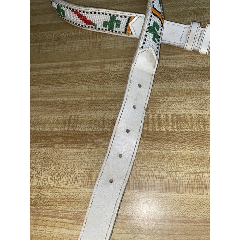 80s Beaded Southwestern Style Belt White Leather Brass Buckle Sz 28 USA Made - Picture 3 of 8